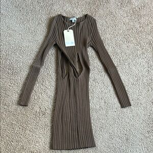 Brown Ribbed Long Sleeve Bodycon Dress